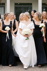 Mermaid Black Satin Bridesmaid Dress Straps Wedding Party with Bows